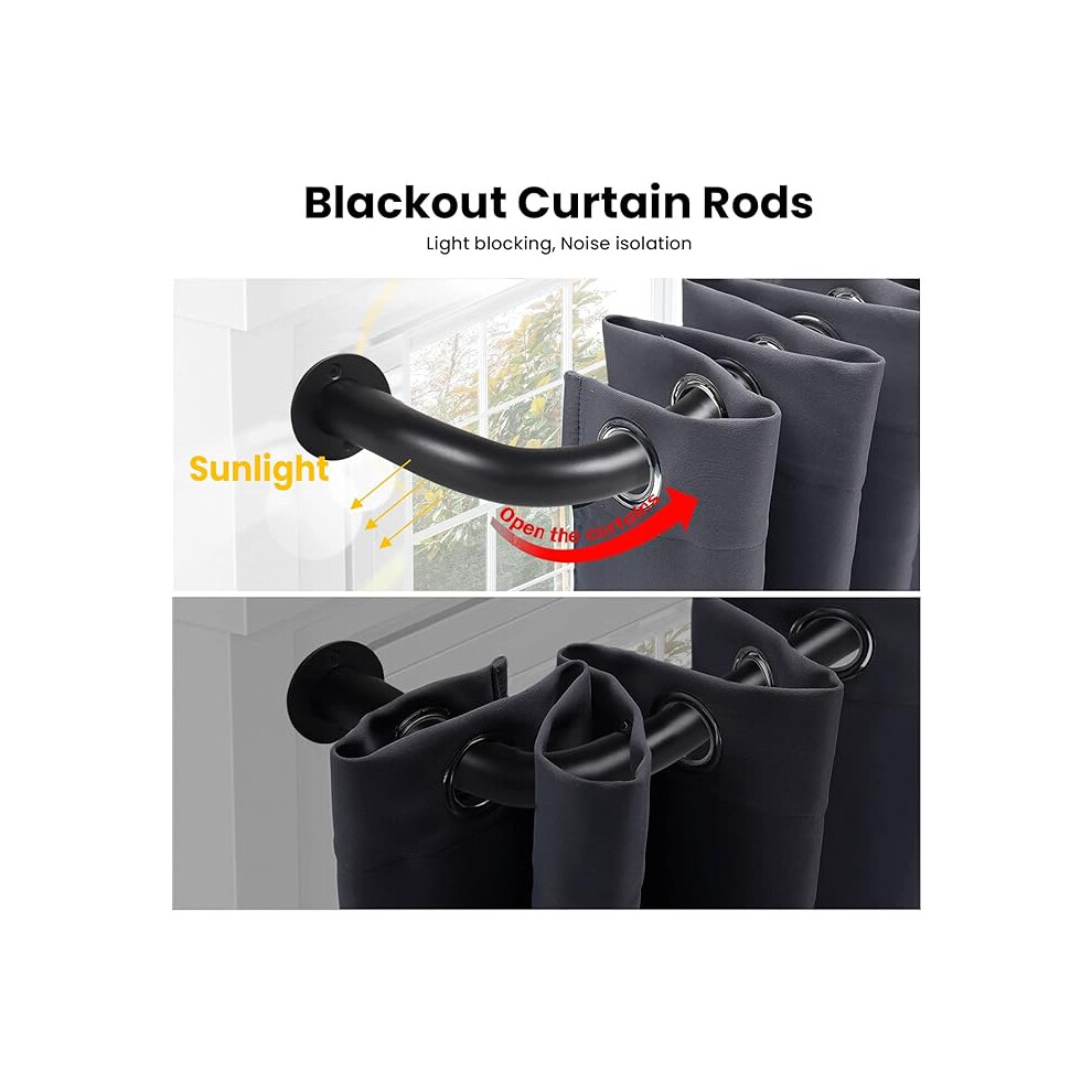 (Blackout Matt Black, 160-300 cm (63" - 118" In).) Extendable Metal Curtain Poles Curtain Rods & Hold Backs Pair with Rings Finials & Rod Fittings