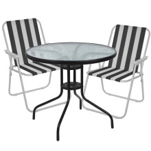 (2, White & Black Stripes Chairs) Garden Table & Folding Deck Chairs Set 2 4 Seater
