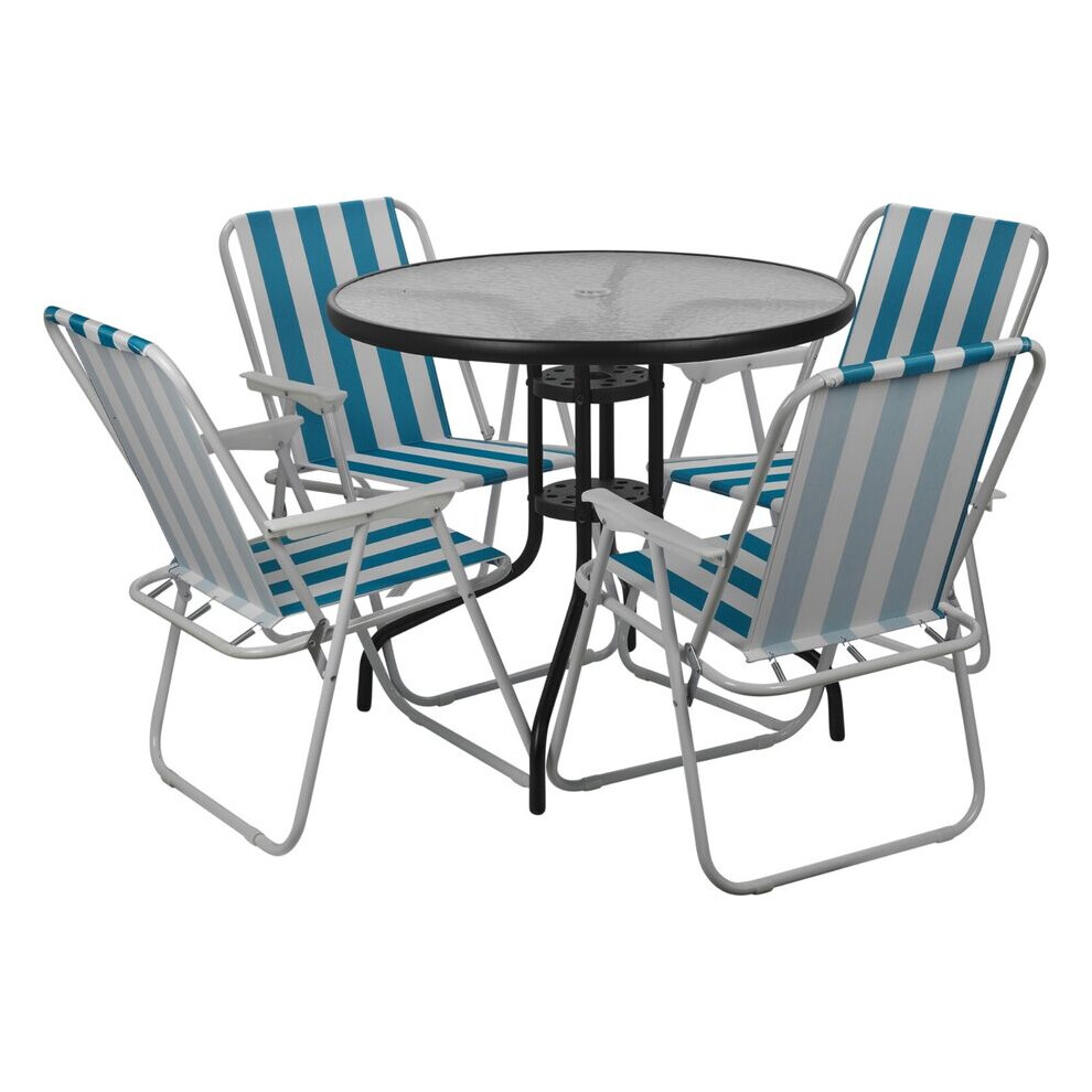 (4, White & Blue Stripes Chairs) Garden Table & Folding Deck Chairs Set 2 4 Seater