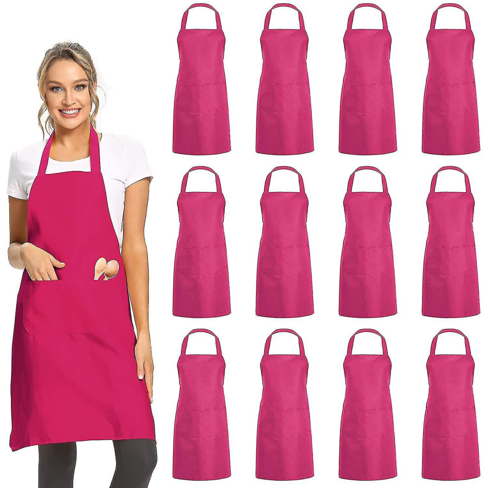 12 Pack Plain Bib Aprons With 2 Pockets - Pink Unisex Commercial Apron Bulk For Kitchen Cooking Restaurant Bbq Painting Crafting