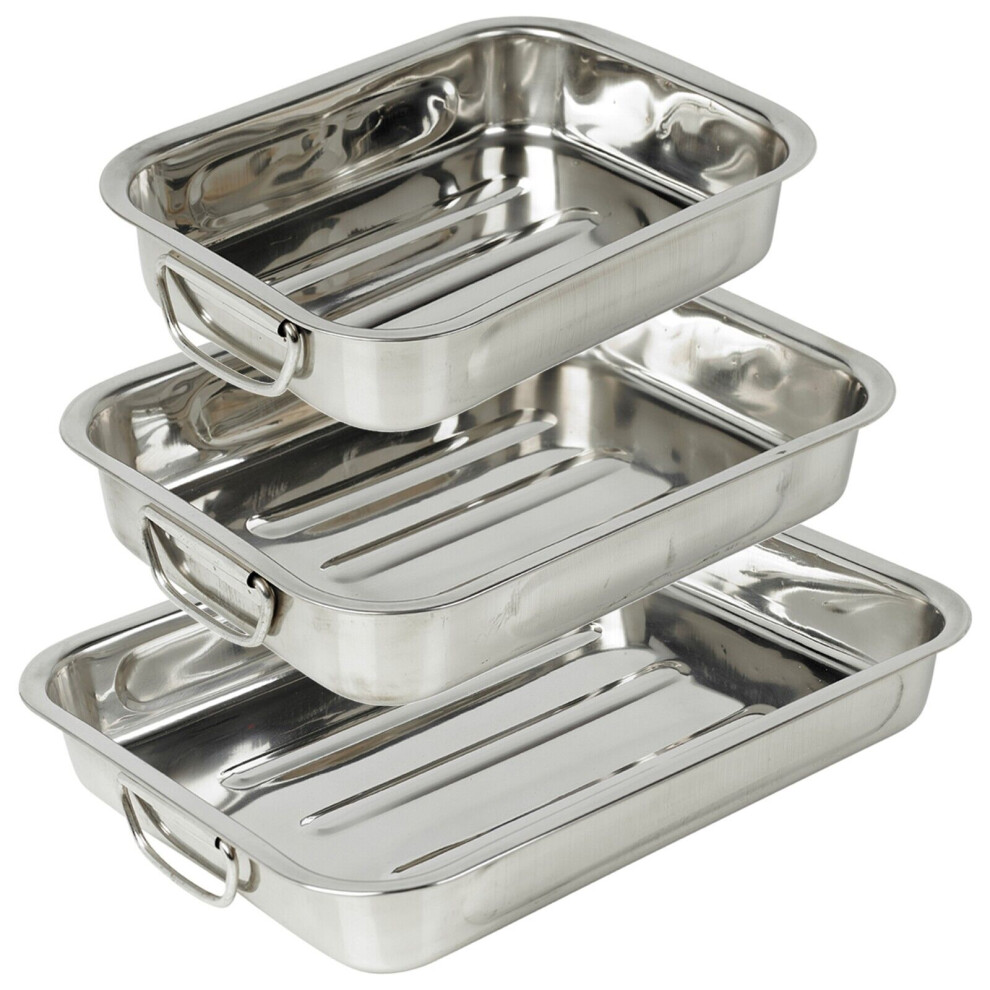 3 Pcs Stainless Steel Roasting Oven Tray Tins Dish Set Bakeware set