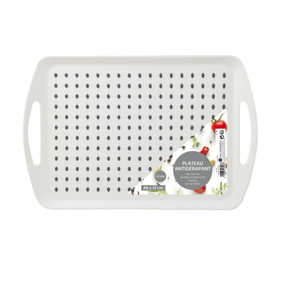 (White) Large 46cm Rectangle Plastic Non Anti Slip Dinner Serving Lap Tray With Handle
