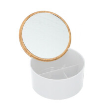 (3 Section With Mirror Lid) Bamboo Cosmetic Organiser Cotton Bud Swab Pad Makeup Holder Jar Dispenser Storag