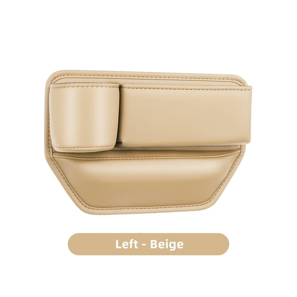 (Beige-Left) Leather Car Seat Gap Organizer Multifunction Console Crevice Filler Side Storage Box with Cup Holder Car Interior Storage Pocket