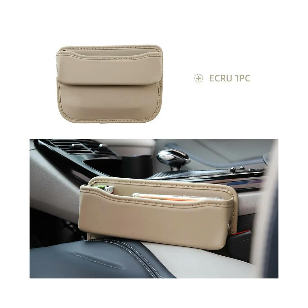 (Beige) Universal Car Seat Gap Organizer PU Leather Multifunctional Auto Console Side Pocket Seat Crevice Storage Box Interior Accessory