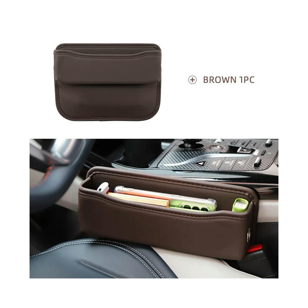 (Brown) Universal Car Seat Gap Organizer PU Leather Multifunctional Auto Console Side Pocket Seat Crevice Storage Box Interior Accessory