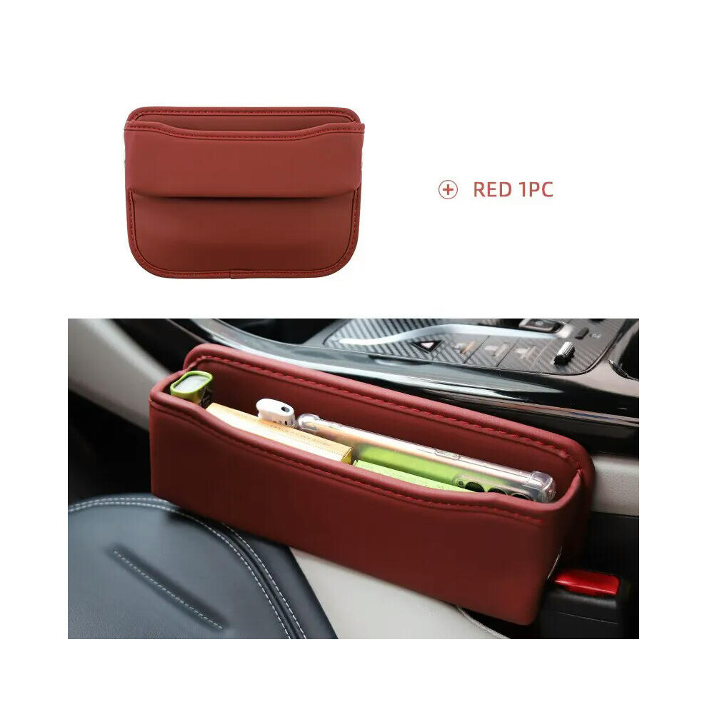 (Red) Universal Car Seat Gap Organizer PU Leather Multifunctional Auto Console Side Pocket Seat Crevice Storage Box Interior Accessory