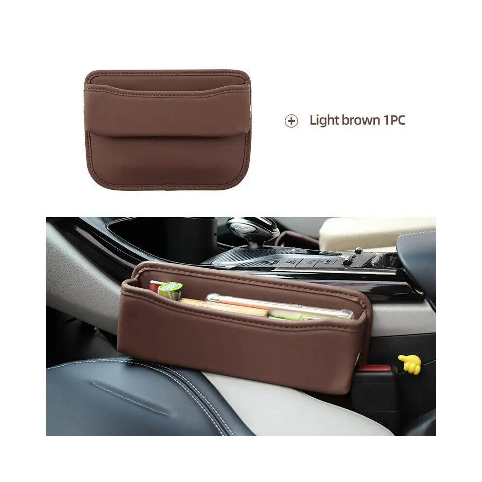 (Light brown) Universal Car Seat Gap Organizer PU Leather Multifunctional Auto Console Side Pocket Seat Crevice Storage Box Interior Accessory