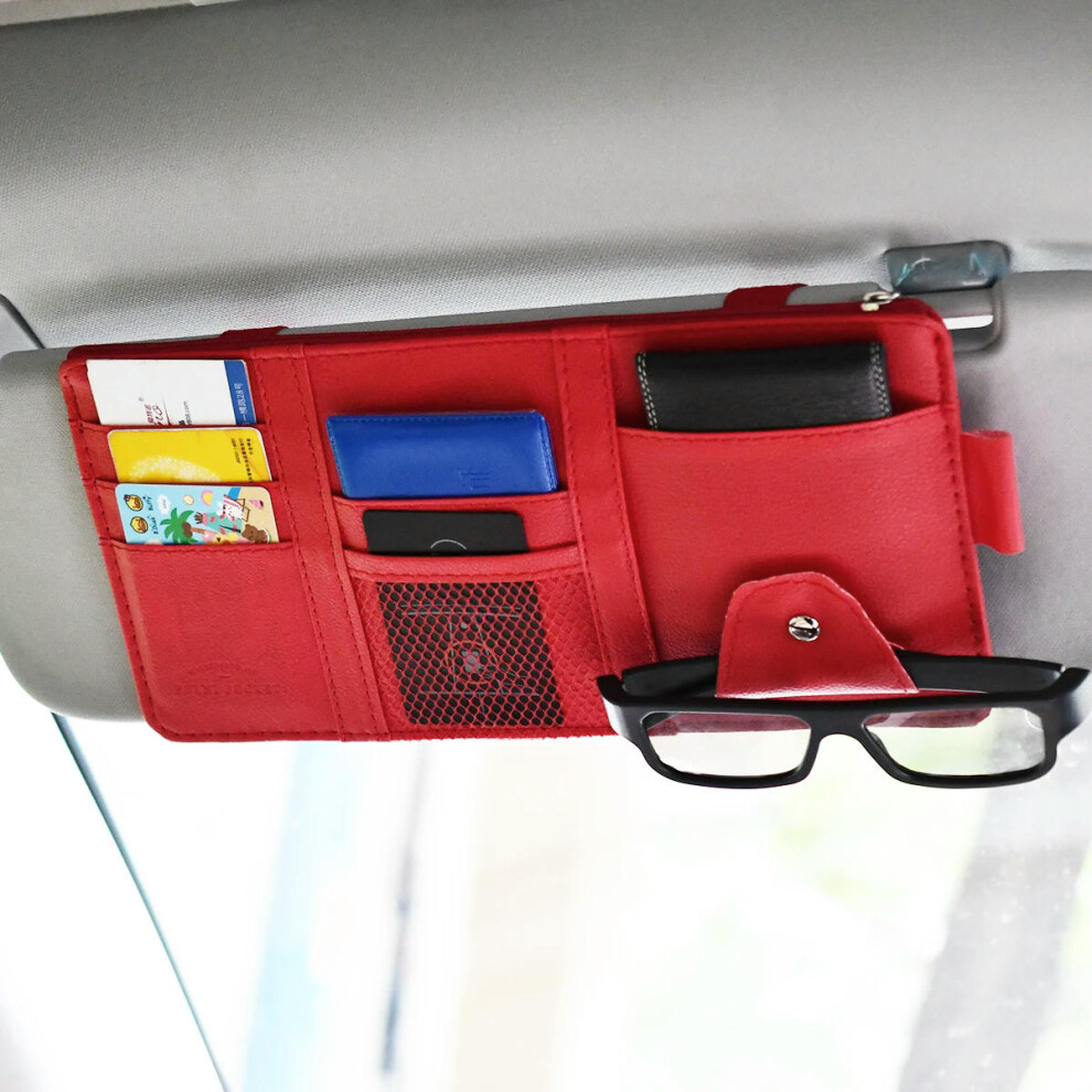 (Red) Car Glasses Storage PU Leather Multi-Function Sun Visor Point Organizer Storage Pocket  Auto Sunglasses Holder Cards Organizer