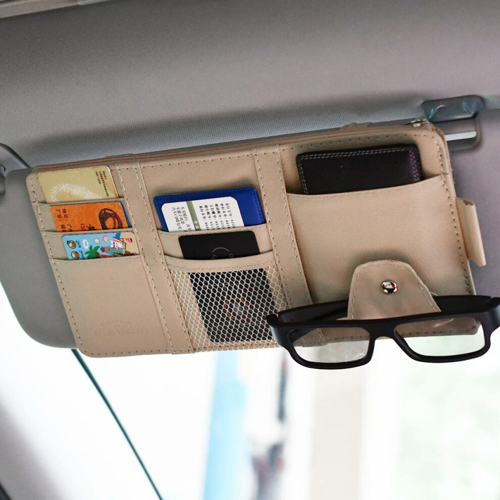 (Beige) Car Glasses Storage PU Leather Multi-Function Sun Visor Point Organizer Storage Pocket  Auto Sunglasses Holder Cards Organizer