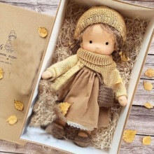 (G with box) Handmade Waldorf Doll, 11 inch Knitted Plush Stuffed Toy Christmas Birthday Gift
