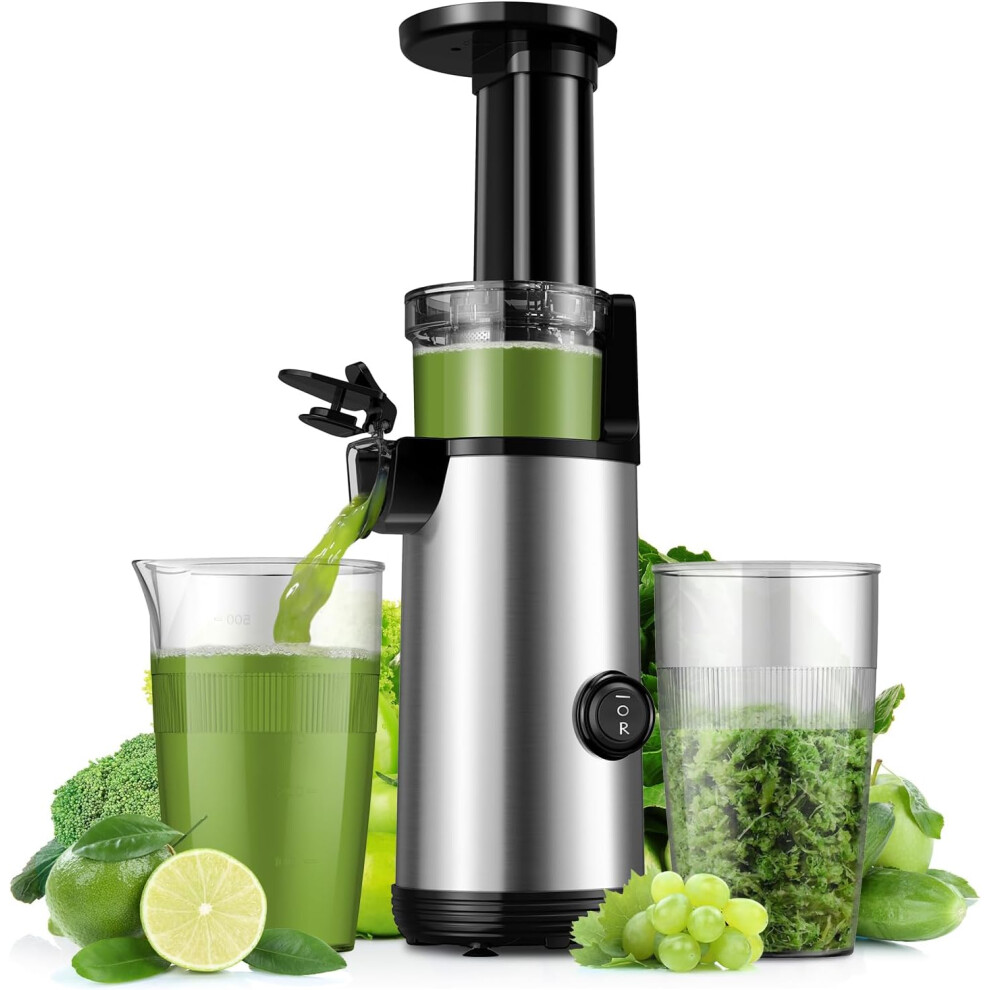 (Silver) Cold Press Juice Extractor Powerful Masticating Juice Extractor Easy to clean slow juicer 600ml juice cup including brush