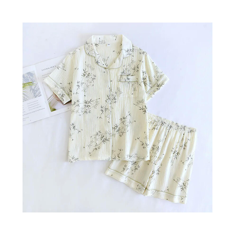 (WOMEN, L) Summer Pure Cotton Gauze Couple Pajamas Men and Women's Thin Short Sleeved Shorts Pyjama Sets Ink Bamboo Print Loose  Sleepwear