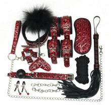 (10pcs-Diamond Red) High quality BDSM Genuine Leather Bondage Set Fetish Handcuffs Collar Gag Whip Erotic Sex Toys For Women Couples Adult Games
