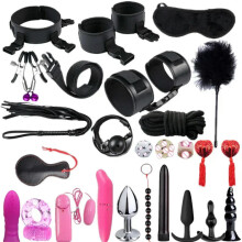 (26pcs-Black) High quality BDSM Genuine Leather Bondage Set Fetish Handcuffs Collar Gag Whip Erotic Sex Toys For Women Couples Adult Games