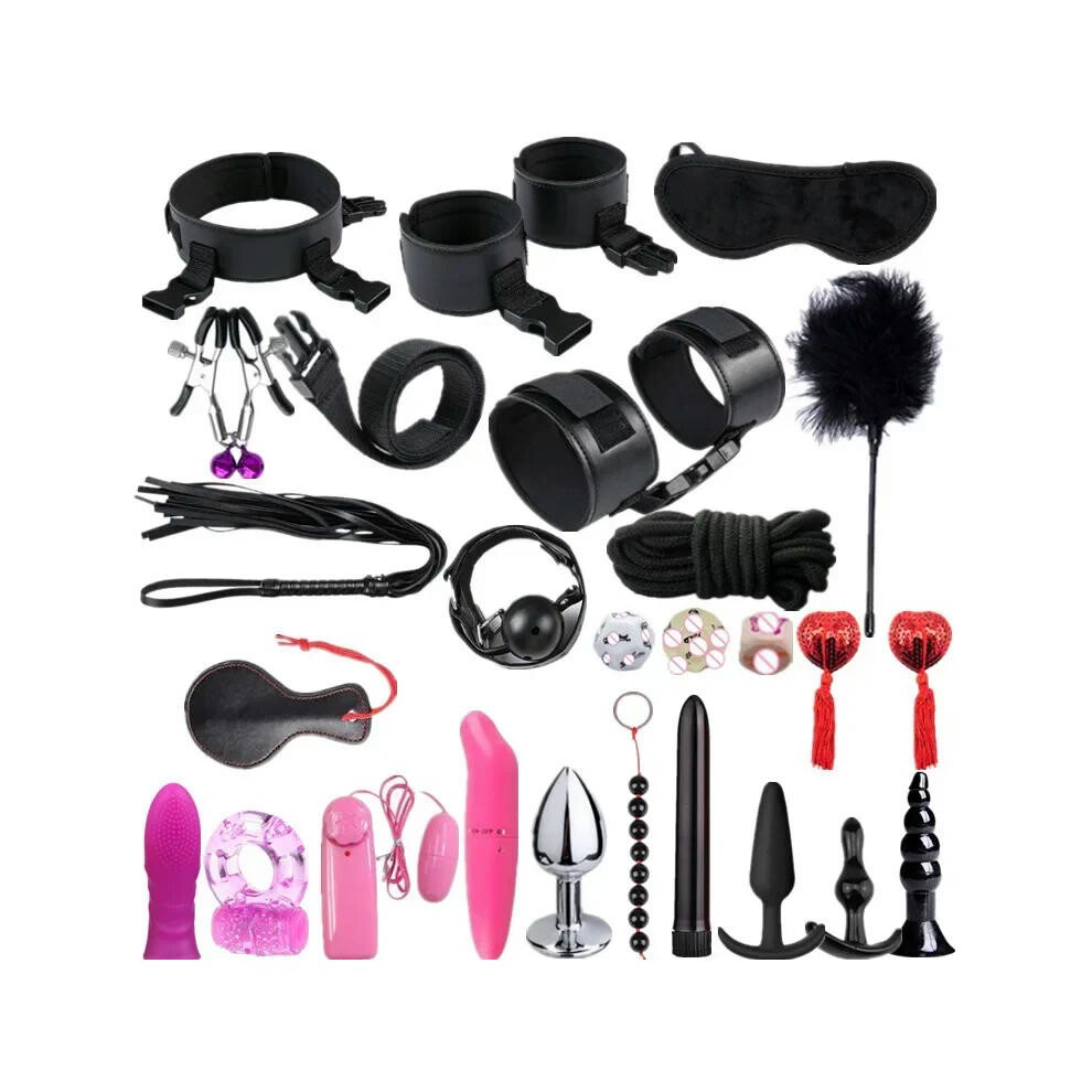 (26pcs-Black) High quality BDSM  Genuine Leather Bondage Set Fetish Handcuffs Collar Gag Whip Erotic Sex Toys For Women Couples Adult Games