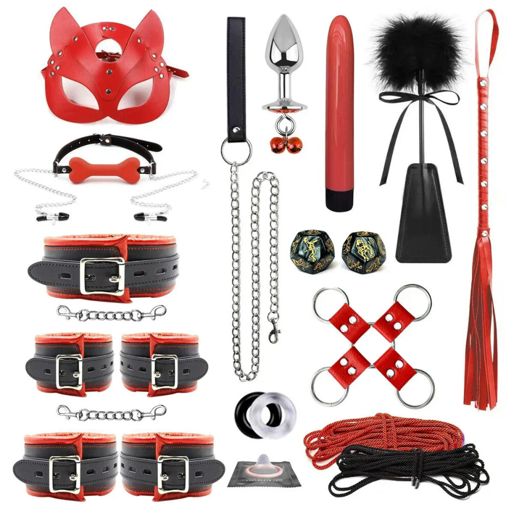 (QY-22pcs-Red) High quality BDSM  Genuine Leather Bondage Set Fetish Handcuffs Collar Gag Whip Erotic Sex Toys For Women Couples Adult Games