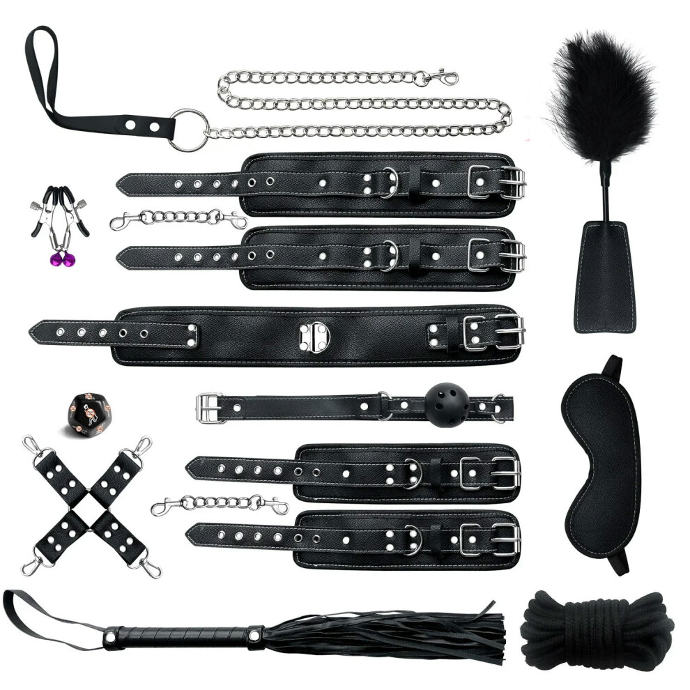 (12pcs-Black) High quality BDSM  Genuine Leather Bondage Set Fetish Handcuffs Collar Gag Whip Erotic Sex Toys For Women Couples Adult Games