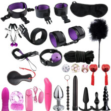 (26pcs-Purple) High quality BDSM Genuine Leather Bondage Set Fetish Handcuffs Collar Gag Whip Erotic Sex Toys For Women Couples Adult Games