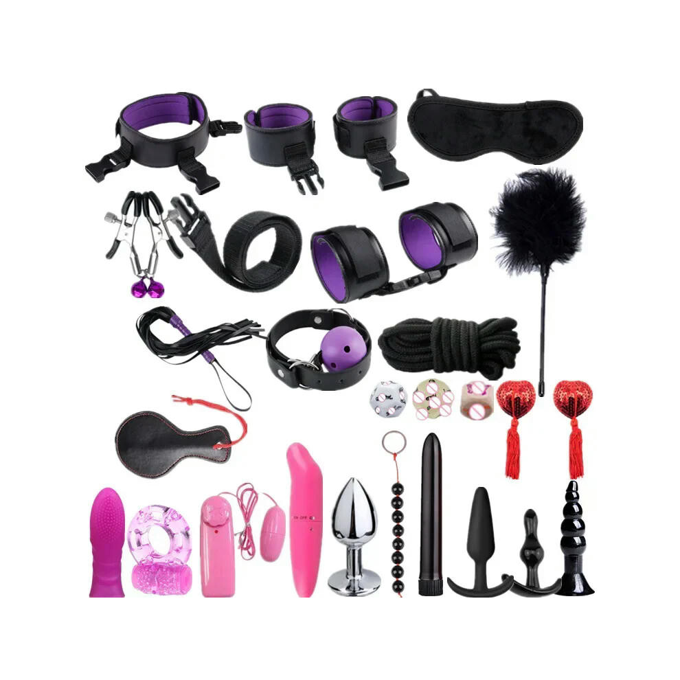 (26pcs-Purple) High quality BDSM  Genuine Leather Bondage Set Fetish Handcuffs Collar Gag Whip Erotic Sex Toys For Women Couples Adult Games