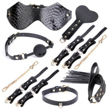 (7pcs-Crocodile Black) High quality BDSM Genuine Leather Bondage Set Fetish Handcuffs Collar Gag Whip Erotic Sex Toys For Women Couples Adult Games
