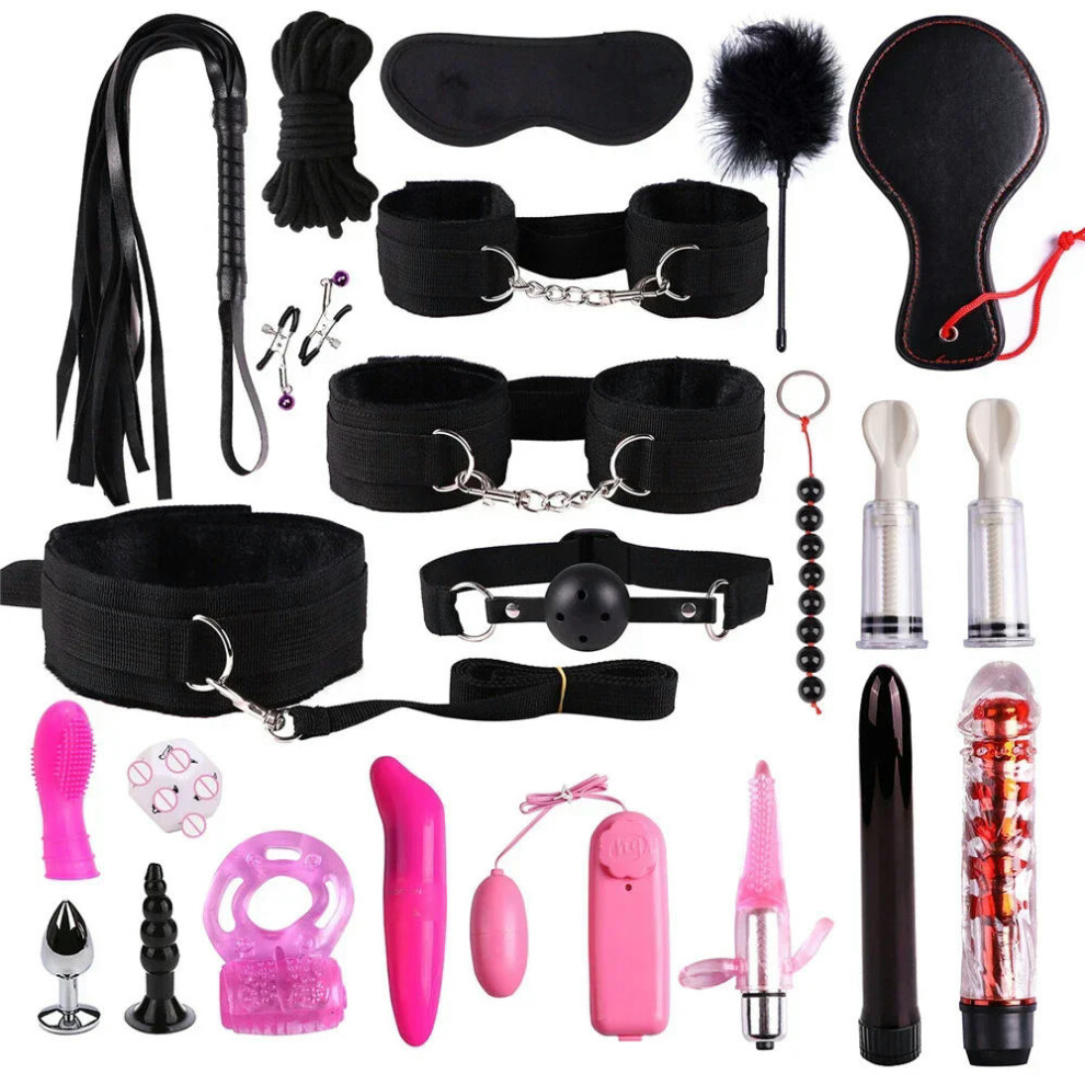 (22pcs-Black) High quality BDSM  Genuine Leather Bondage Set Fetish Handcuffs Collar Gag Whip Erotic Sex Toys For Women Couples Adult Games