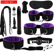 (11pcs-Purple) High quality BDSM Genuine Leather Bondage Set Fetish Handcuffs Collar Gag Whip Erotic Sex Toys For Women Couples Adult Games