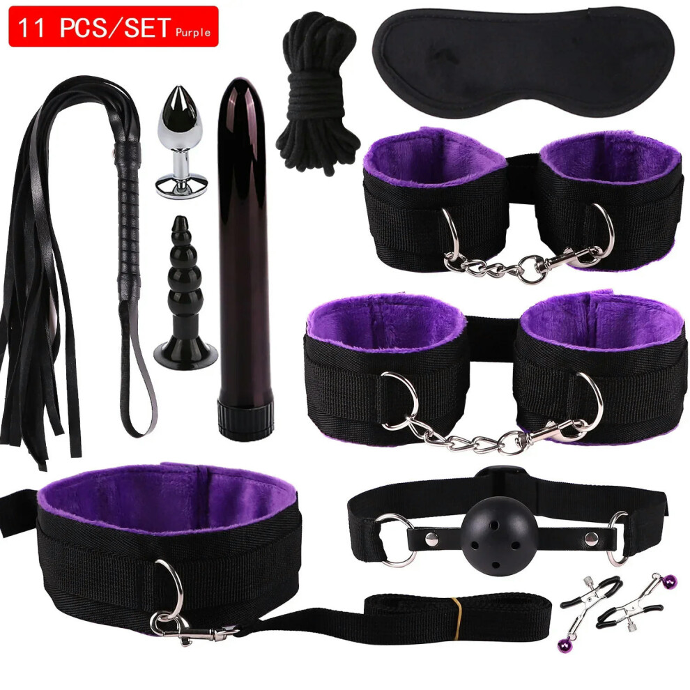 (11pcs-Purple) High quality BDSM  Genuine Leather Bondage Set Fetish Handcuffs Collar Gag Whip Erotic Sex Toys For Women Couples Adult Games