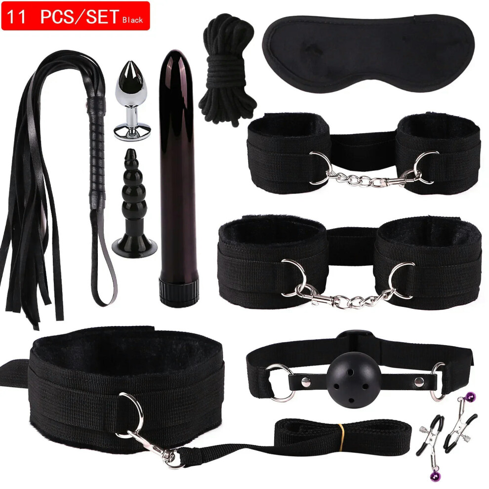 (11pcs-Black) High quality BDSM  Genuine Leather Bondage Set Fetish Handcuffs Collar Gag Whip Erotic Sex Toys For Women Couples Adult Games