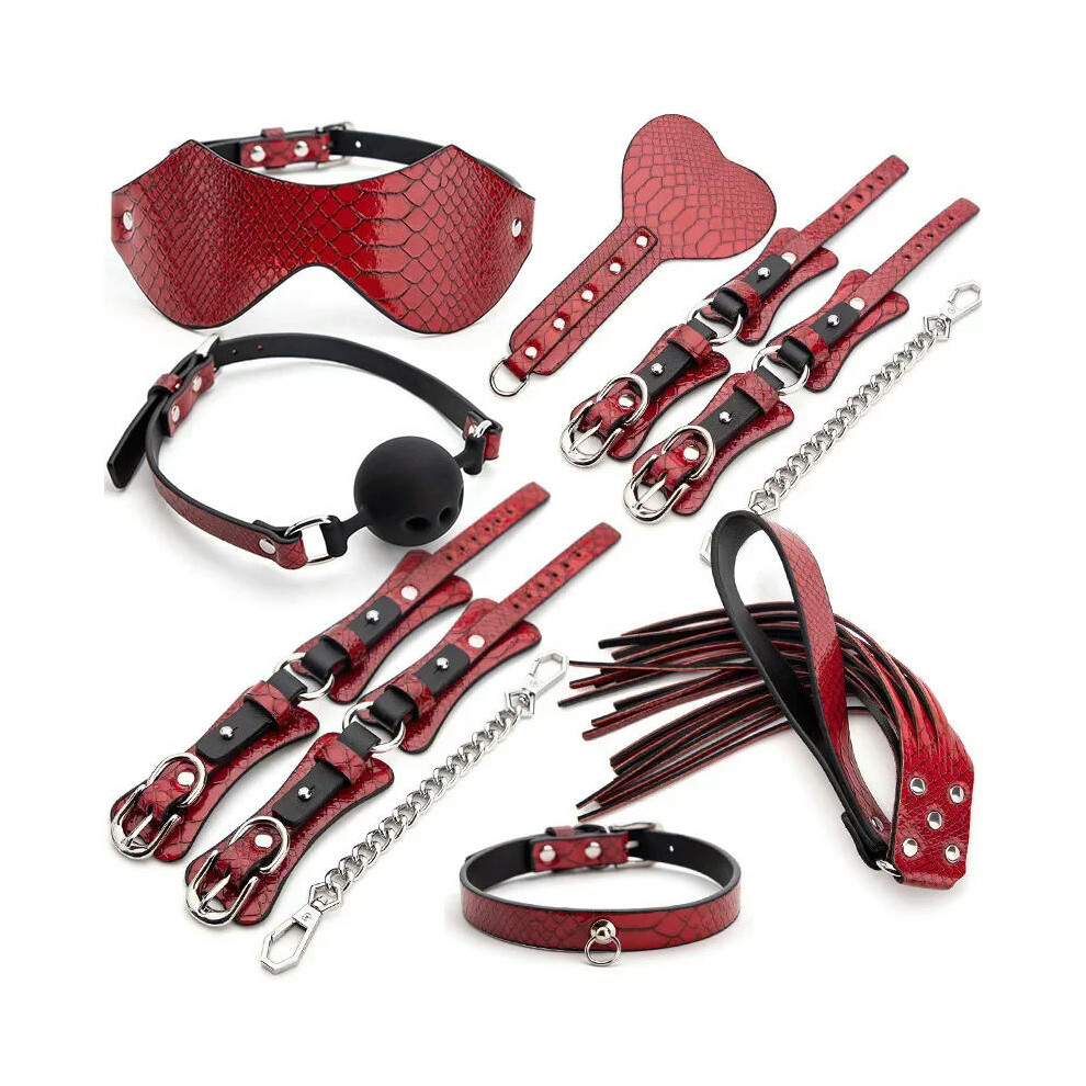 (7pcs-Crocodile Red) High quality BDSM  Genuine Leather Bondage Set Fetish Handcuffs Collar Gag Whip Erotic Sex Toys For Women Couples Adult Games