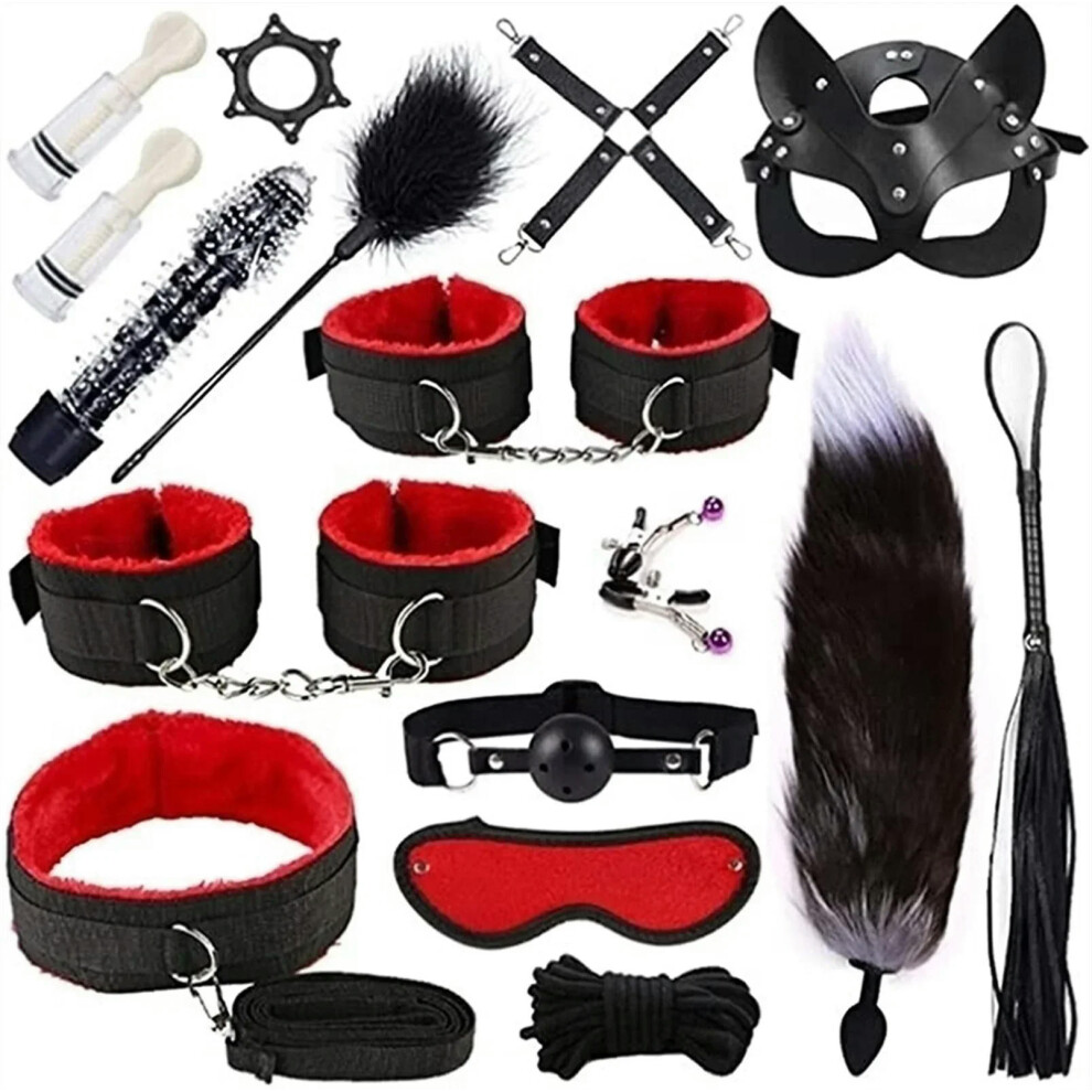 (16pcs-Red) High quality BDSM  Genuine Leather Bondage Set Fetish Handcuffs Collar Gag Whip Erotic Sex Toys For Women Couples Adult Games