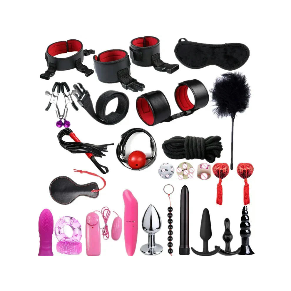 (26pcs-Red) High quality BDSM  Genuine Leather Bondage Set Fetish Handcuffs Collar Gag Whip Erotic Sex Toys For Women Couples Adult Games