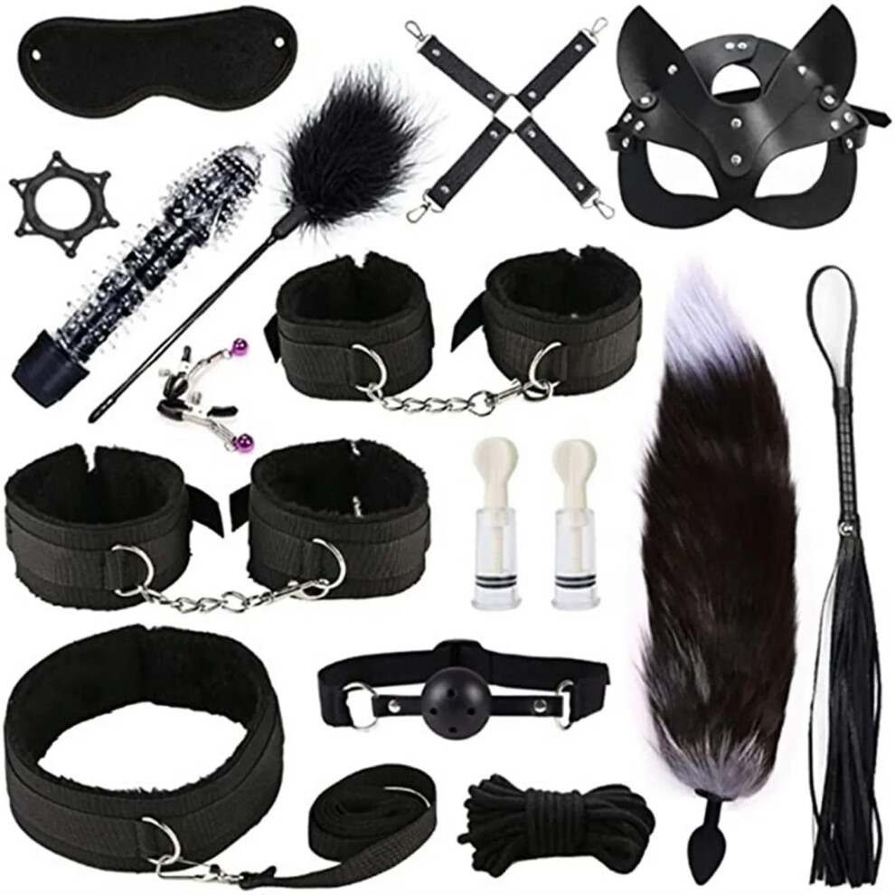 (16pcs-Black) High quality BDSM  Genuine Leather Bondage Set Fetish Handcuffs Collar Gag Whip Erotic Sex Toys For Women Couples Adult Games