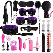 (22pcs-Purple) High quality BDSM Genuine Leather Bondage Set Fetish Handcuffs Collar Gag Whip Erotic Sex Toys For Women Couples Adult Games
