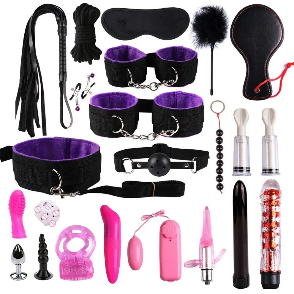 (22pcs-Purple) High quality BDSM  Genuine Leather Bondage Set Fetish Handcuffs Collar Gag Whip Erotic Sex Toys For Women Couples Adult Games