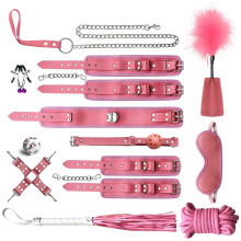 (12pcs-Pink) High quality BDSM Genuine Leather Bondage Set Fetish Handcuffs Collar Gag Whip Erotic Sex Toys For Women Couples Adult Games