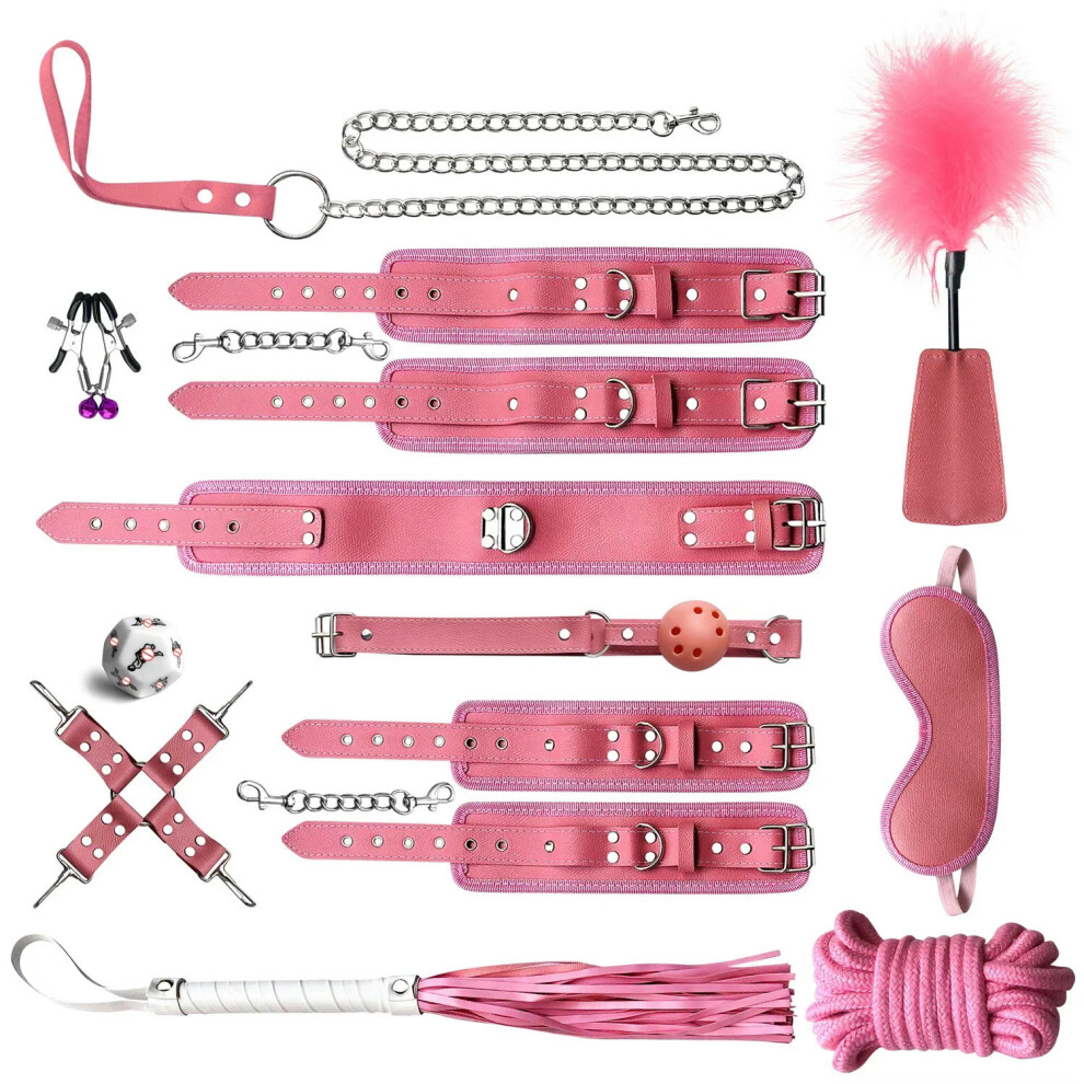 (12pcs-Pink) High quality BDSM  Genuine Leather Bondage Set Fetish Handcuffs Collar Gag Whip Erotic Sex Toys For Women Couples Adult Games