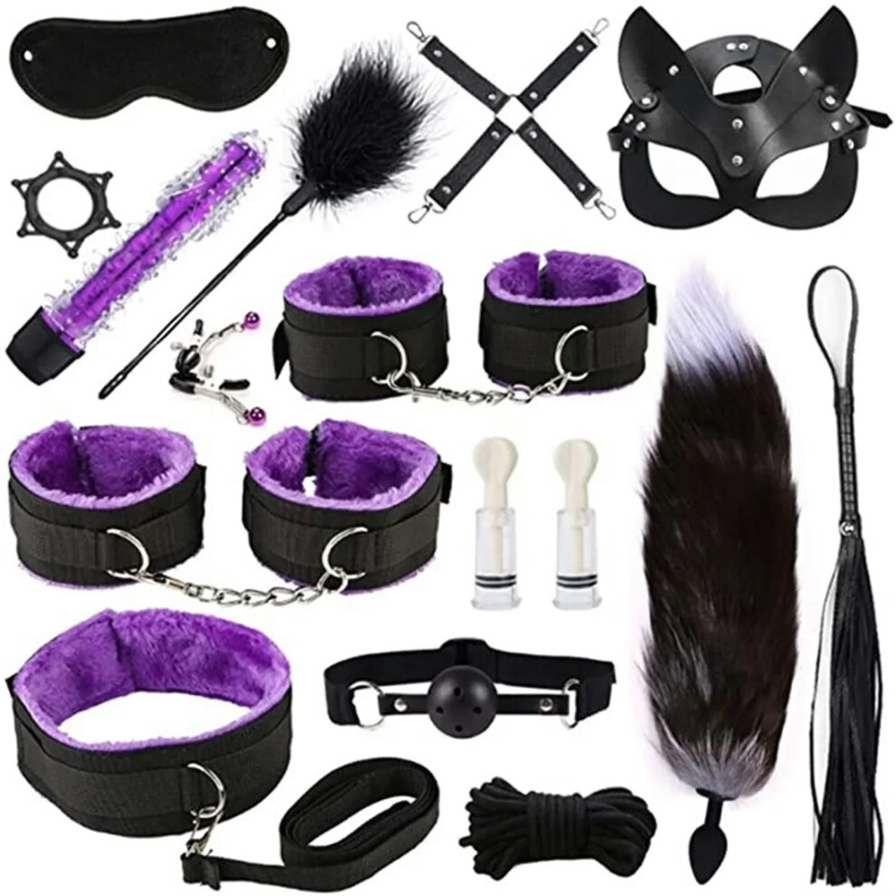 (16pcs-Purple) High quality BDSM  Genuine Leather Bondage Set Fetish Handcuffs Collar Gag Whip Erotic Sex Toys For Women Couples Adult Games