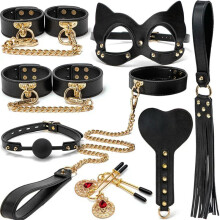 (8pcs-Cat Black) High quality BDSM Genuine Leather Bondage Set Fetish Handcuffs Collar Gag Whip Erotic Sex Toys For Women Couples Adult Games