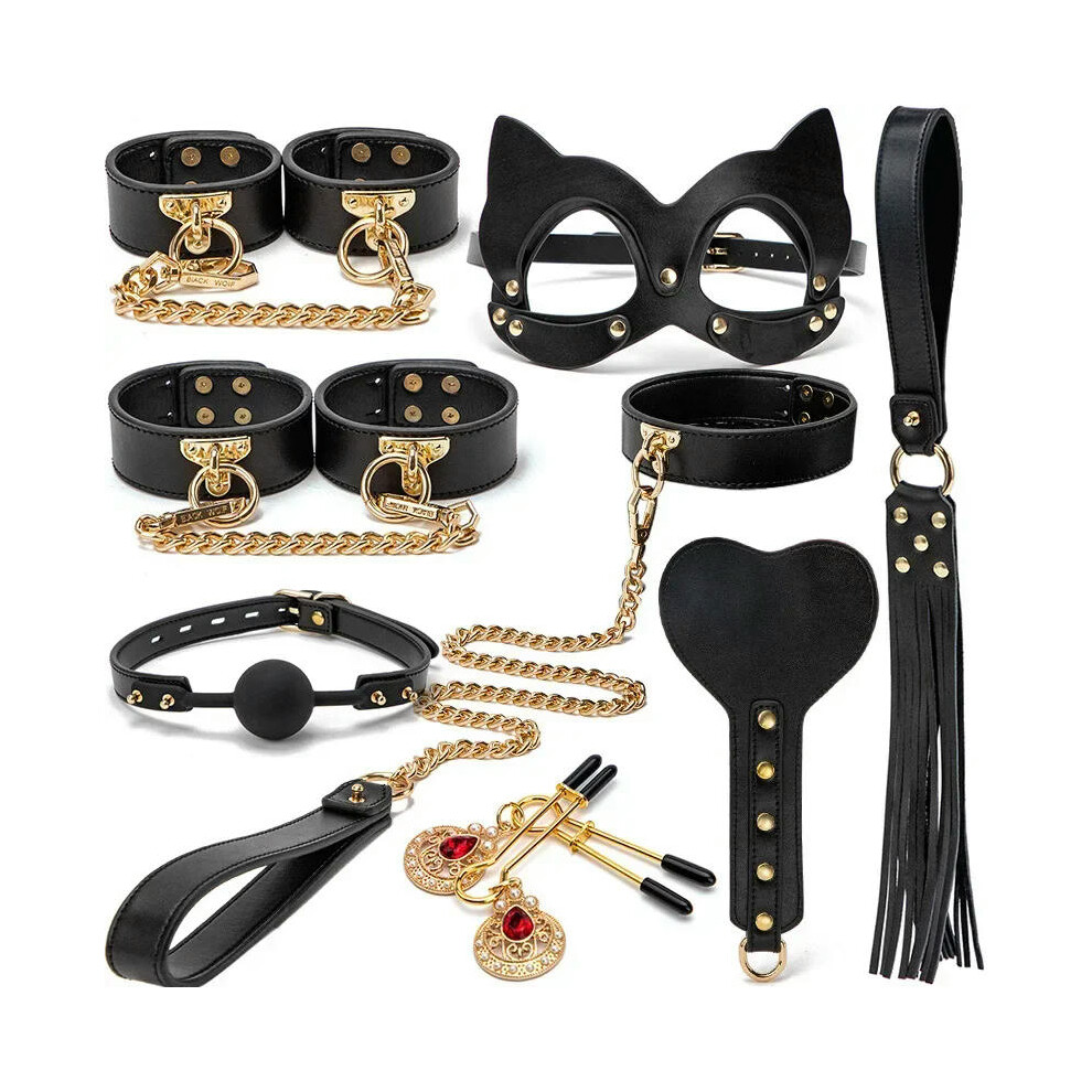 (8pcs-Cat Black) High quality BDSM  Genuine Leather Bondage Set Fetish Handcuffs Collar Gag Whip Erotic Sex Toys For Women Couples Adult Games