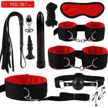 (11pcs-Red) High quality BDSM Genuine Leather Bondage Set Fetish Handcuffs Collar Gag Whip Erotic Sex Toys For Women Couples Adult Games