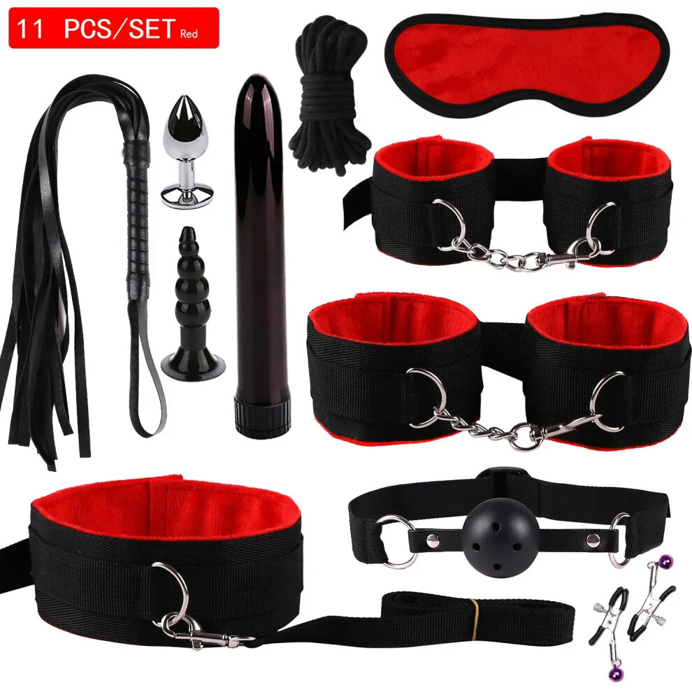 (11pcs-Red) High quality BDSM  Genuine Leather Bondage Set Fetish Handcuffs Collar Gag Whip Erotic Sex Toys For Women Couples Adult Games