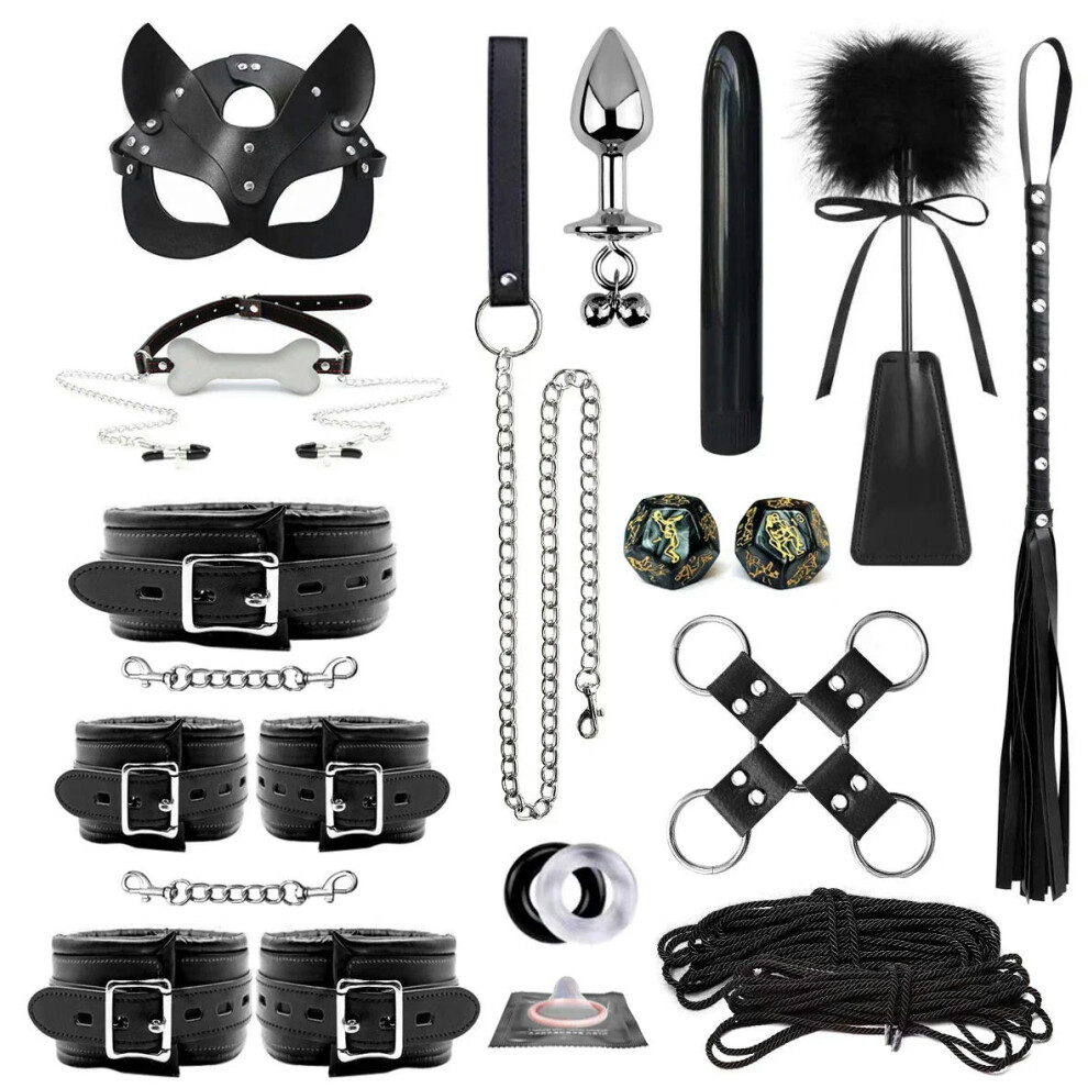 (QY-22pcs-Black) High quality BDSM  Genuine Leather Bondage Set Fetish Handcuffs Collar Gag Whip Erotic Sex Toys For Women Couples Adult Games