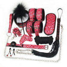 (10pcs-Diamond Pink) High quality BDSM Genuine Leather Bondage Set Fetish Handcuffs Collar Gag Whip Erotic Sex Toys For Women Couples Adult Games