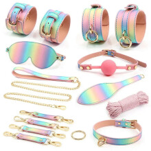 (8pcs-rainbow) High quality BDSM Genuine Leather Bondage Set Fetish Handcuffs Collar Gag Whip Erotic Sex Toys For Women Couples Adult Games