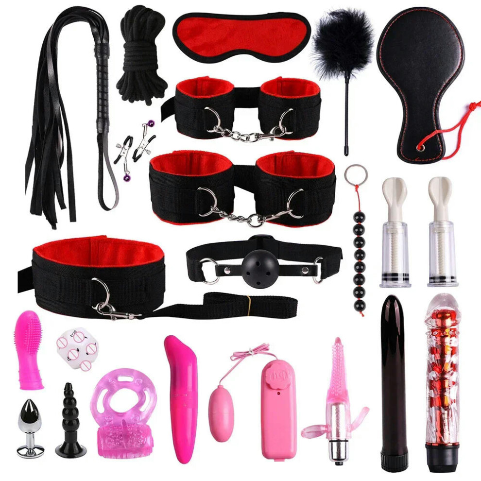 (22pcs-Red) High quality BDSM  Genuine Leather Bondage Set Fetish Handcuffs Collar Gag Whip Erotic Sex Toys For Women Couples Adult Games