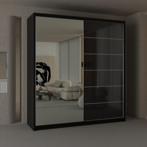 MN Furniture (180 cm ) Modern Black High Gloss Sliding Mirror Wardrobe 1