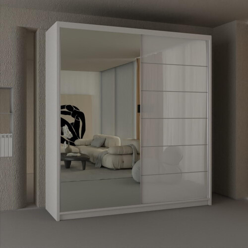 MN Furniture (150 cm ) Modern White High Gloss Sliding Mirror Wardrobe 1