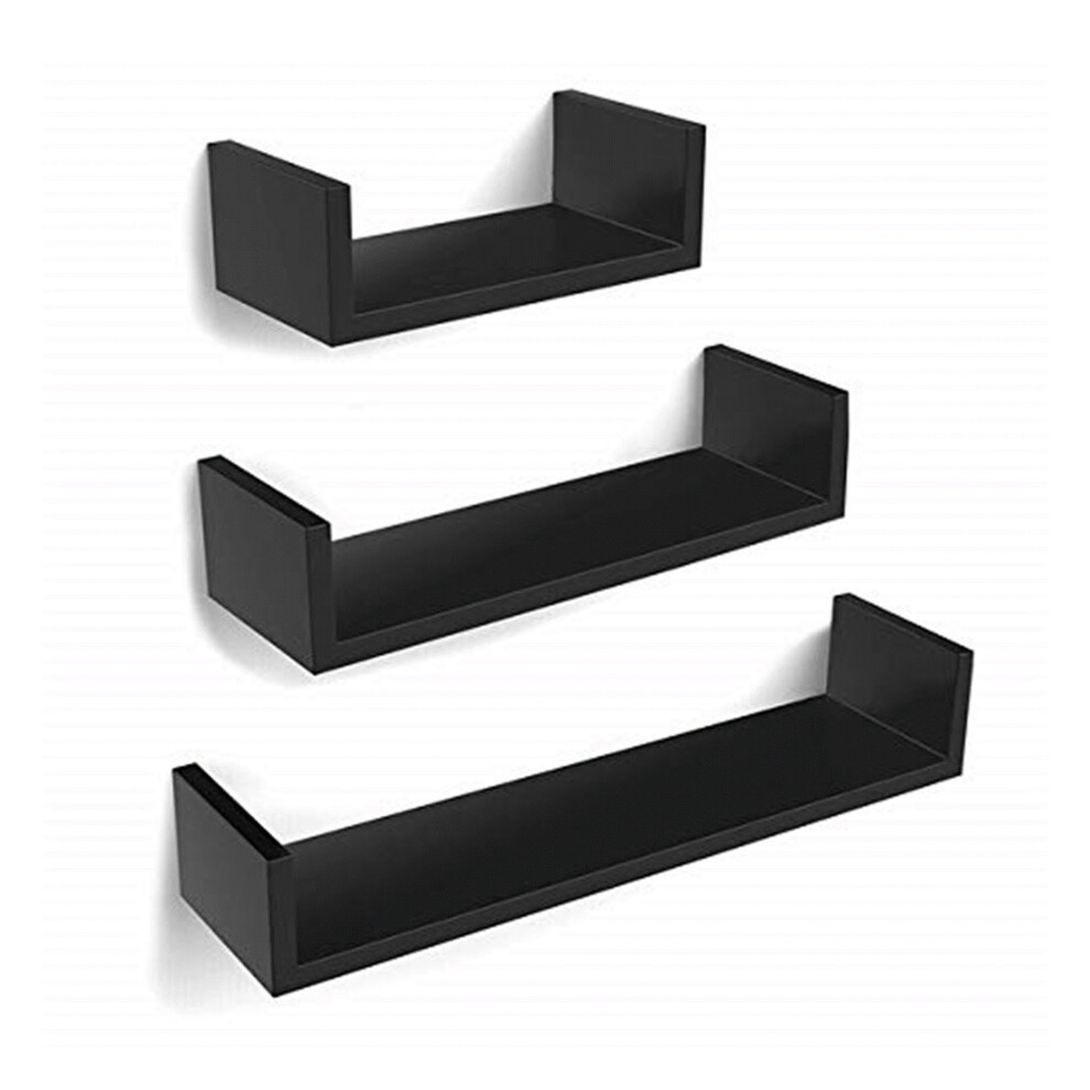 Set of 3 Black U-Shaped Floating Wooden Wall Shelves