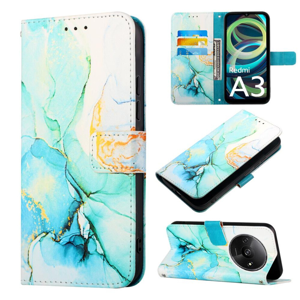(Green) Case For Xiaomi Redmi A3 Pu Leather Marble Pattern Wallet Kickstand Green 764762682019